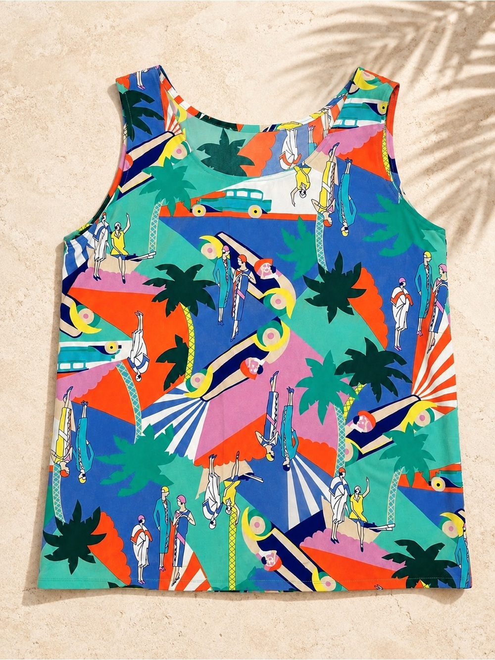 Vintage Malis Art Deco Resort Novelty Print Tank Top Size Medium USA